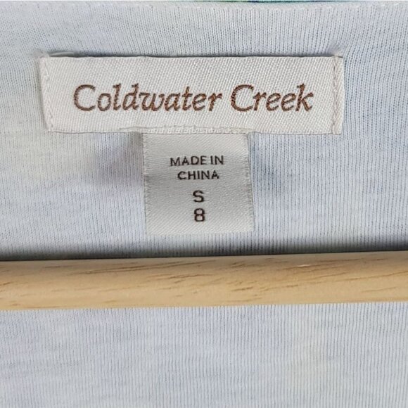 Coldwater Creek Watercolor Top TShirt Blue Yellow Size 8 Short Sleeve Round Neck - Picture 5 of 6
